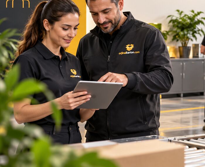 Orjinal Karton üretim sahasında tablet üzerinden iş planlaması yapan ekip